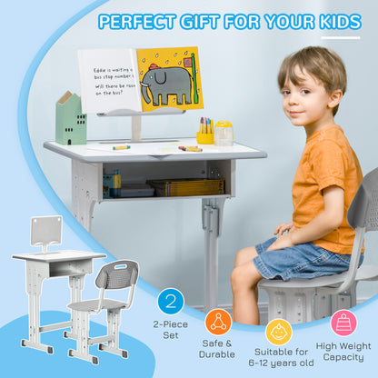 HOMCOM Kids Desk and Chair Set, Height Adjustable Study Table Set with Storage Drawer, Book Stand, Cup Holder, Pen Slot, Grey