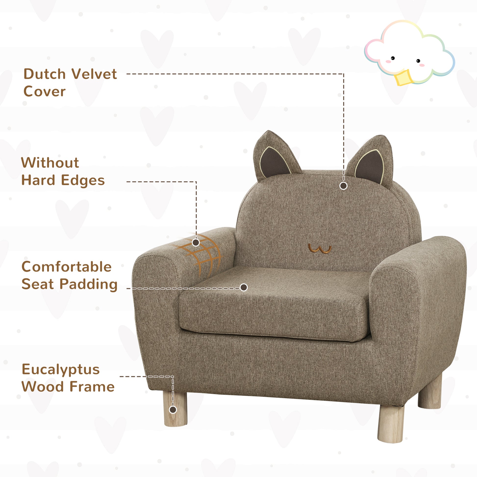 HOMCOM Kids Sofa Toddler Chair Children Armchair for Preschool Bedroom Playroom with Ear Modeling Wood Brown