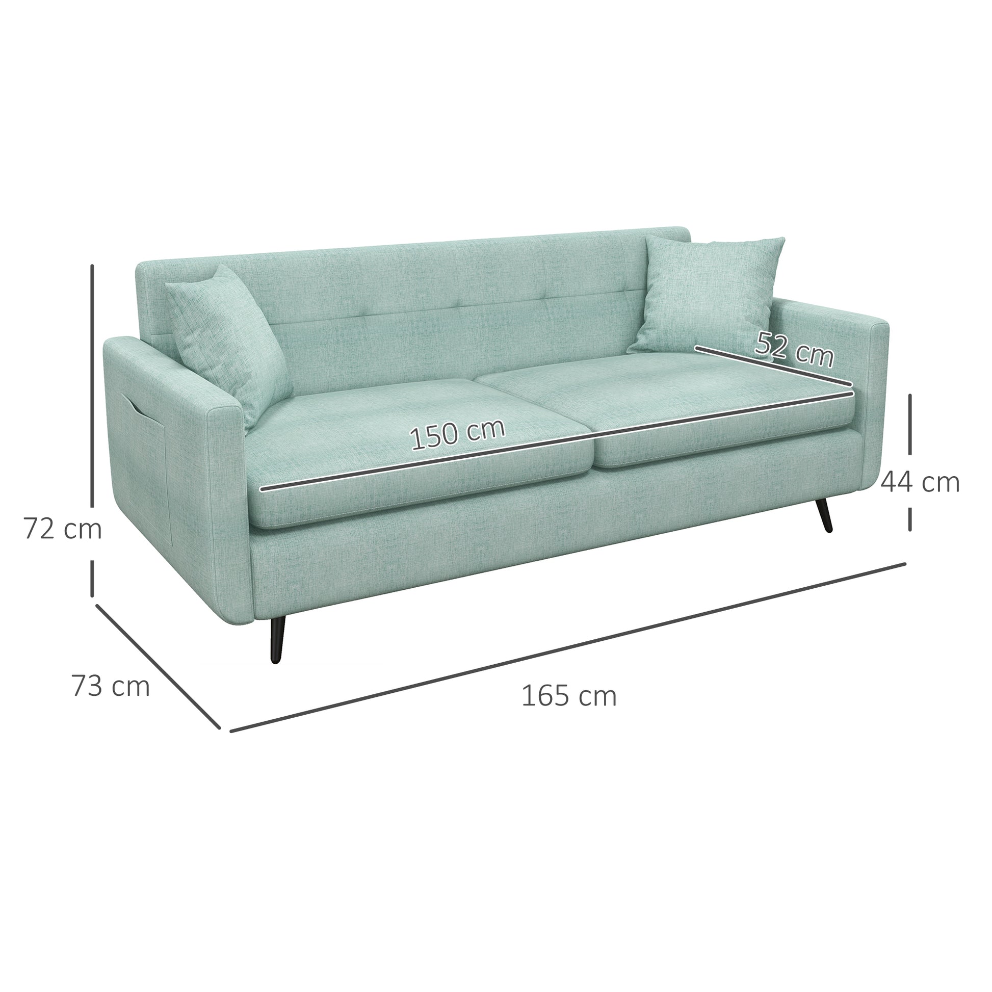 HOMCOM 165cm 2 Seater Sofa for Living Room, Modern Fabric Couch, Tufted Loveseat Sofa Settee w/ Steel Legs, 2 Storage Pockets, Blue