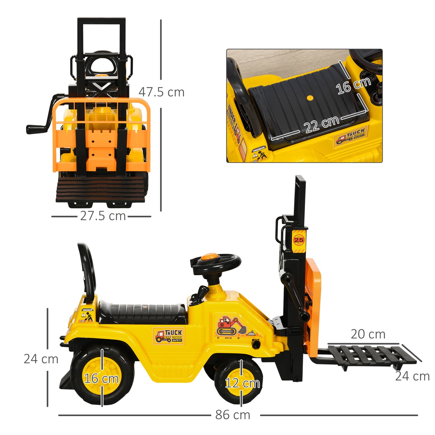 HOMCOM Kids Ride on Forklift Truck with Fork and Tray, Ride on Tractor with Under Seat Storage, Treaded Wheels, No Power Design, Controllable Level