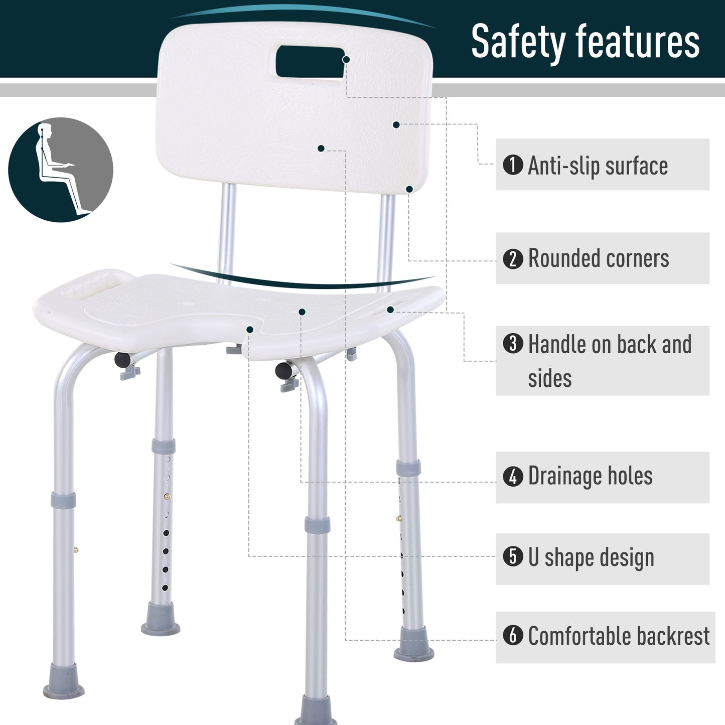 HOMCOM 8-Level Height Adjustable Bath Stool Spa Shower Chair Aluminum w/ Non-Slip Feet, Handle for the Pregnant, Old, Injured