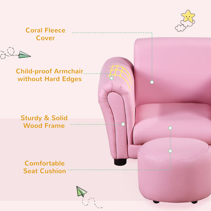 HOMCOM Toddler Chair Single Seater Kids Sofa Set Children Couch Seating Game Chair Seat Armchair w/ Free Footstool (Pink)