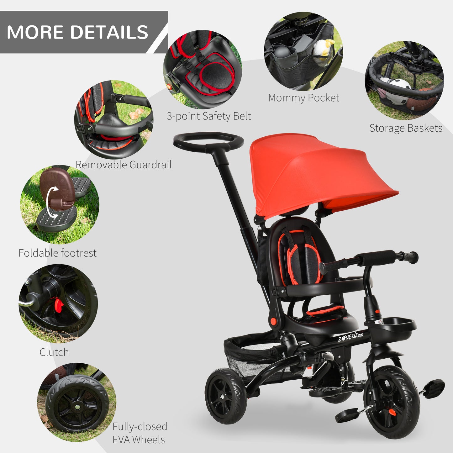 HOMCOM 4 in 1 Tricycle 3 Wheels Pushchair Toddler Stroller Foldable Pedal Trike w/ Reversible Angle Adjustable Seat for 1-5 Years, Red