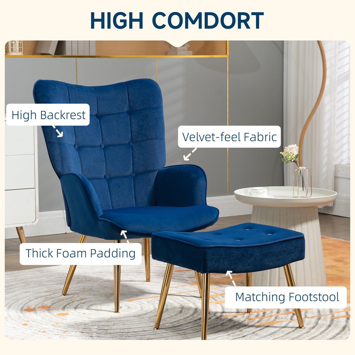 HOMCOM Upholstered Armchair w/ Footstool Set, Modern Button Tufted Accent Chair w/ Gold Tone Steel Legs, Wingback Chair, Dark Blue