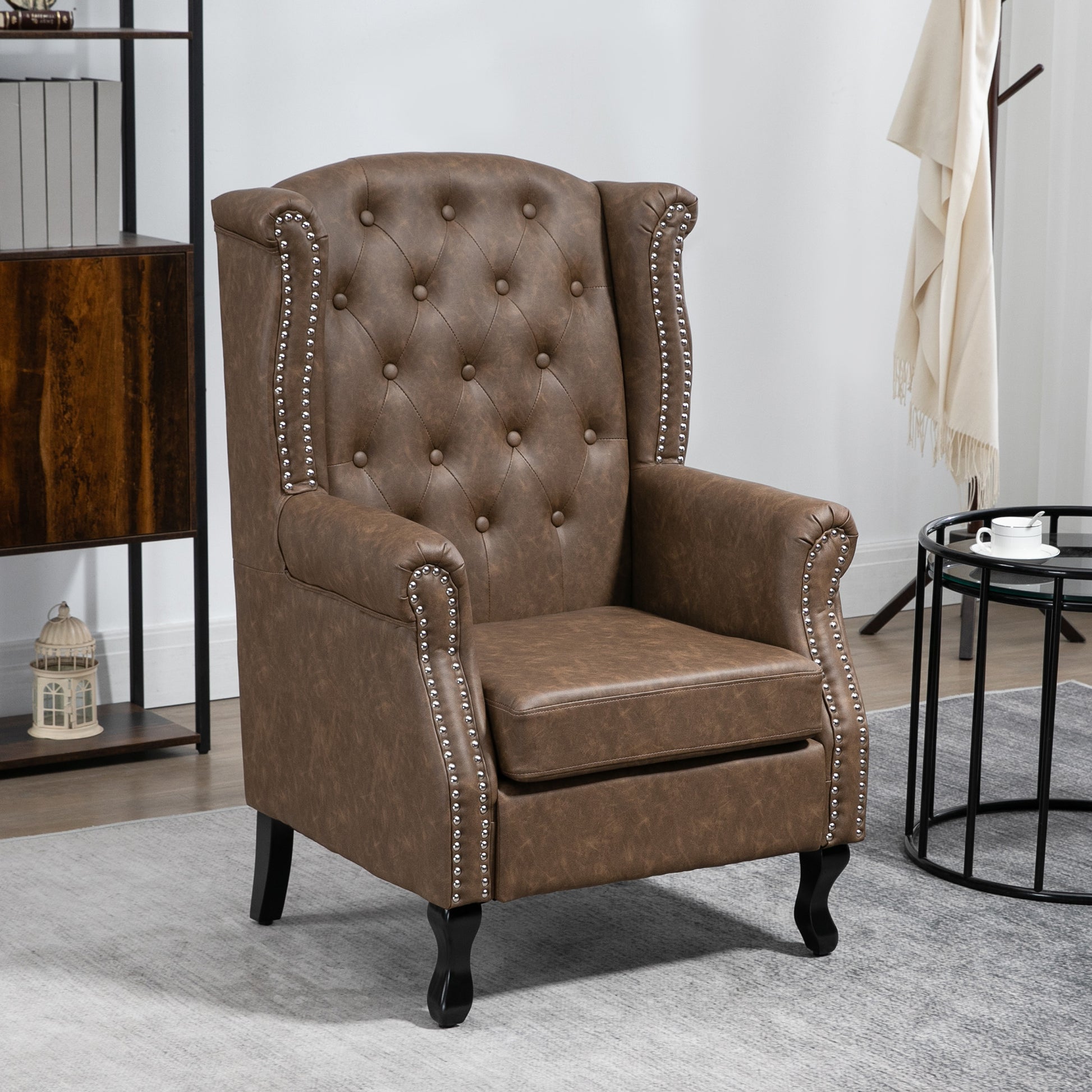 HOMCOM Wingback Accent Chair Tufted Chesterfield-style Armchair with Nail Head Trim for Living Room Bedroom Brown