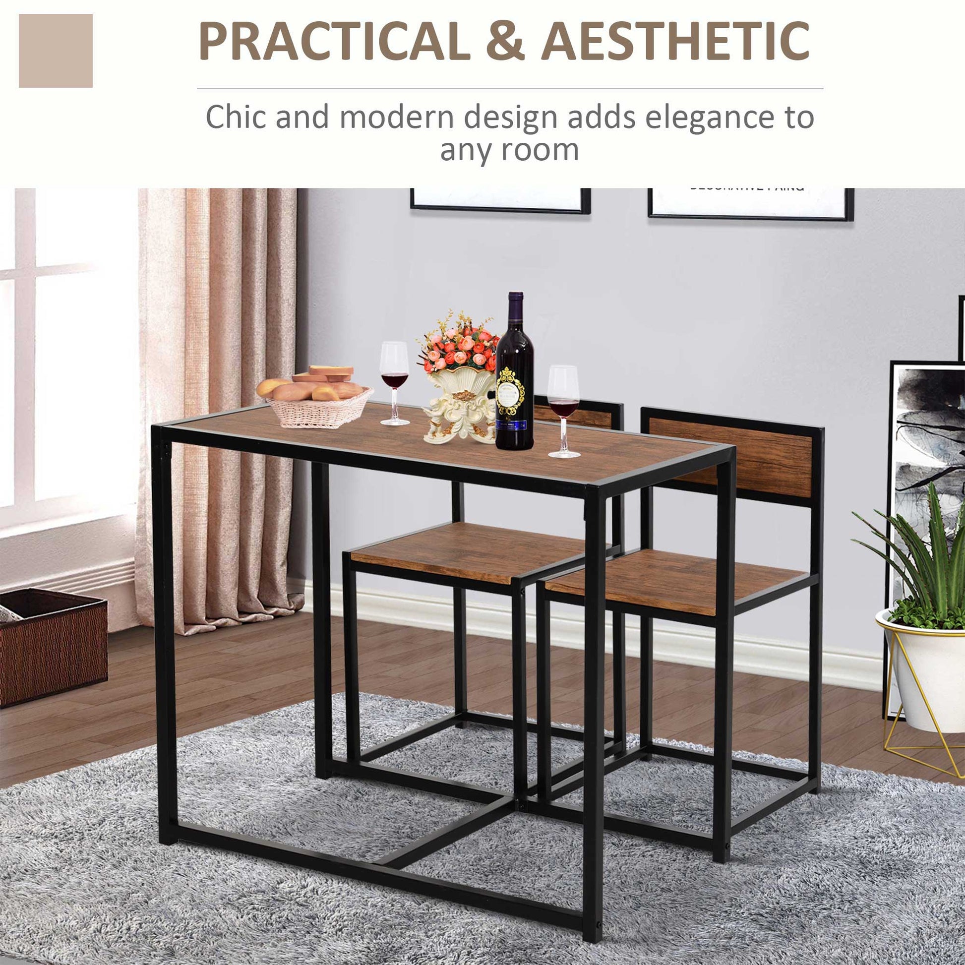 HOMCOM 3 Pcs Table Stool Set Industrial Design w/ Steel Frame MDF Panels Living Room Bar Modern Furniture