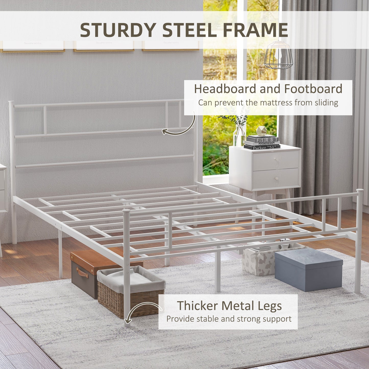 HOMCOM Double Metal Bed Frame Solid Bedstead Base with Headboard and Footboard, Metal Slat Support and Underbed Storage Space, Bedroom Furniture