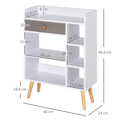 HOMCOM Multi-Shelf Modern Bookcase Freestanding Storage w/ Drawer 6 Shelves Wood Legs Home Office Display Furniture Stylish White Grey