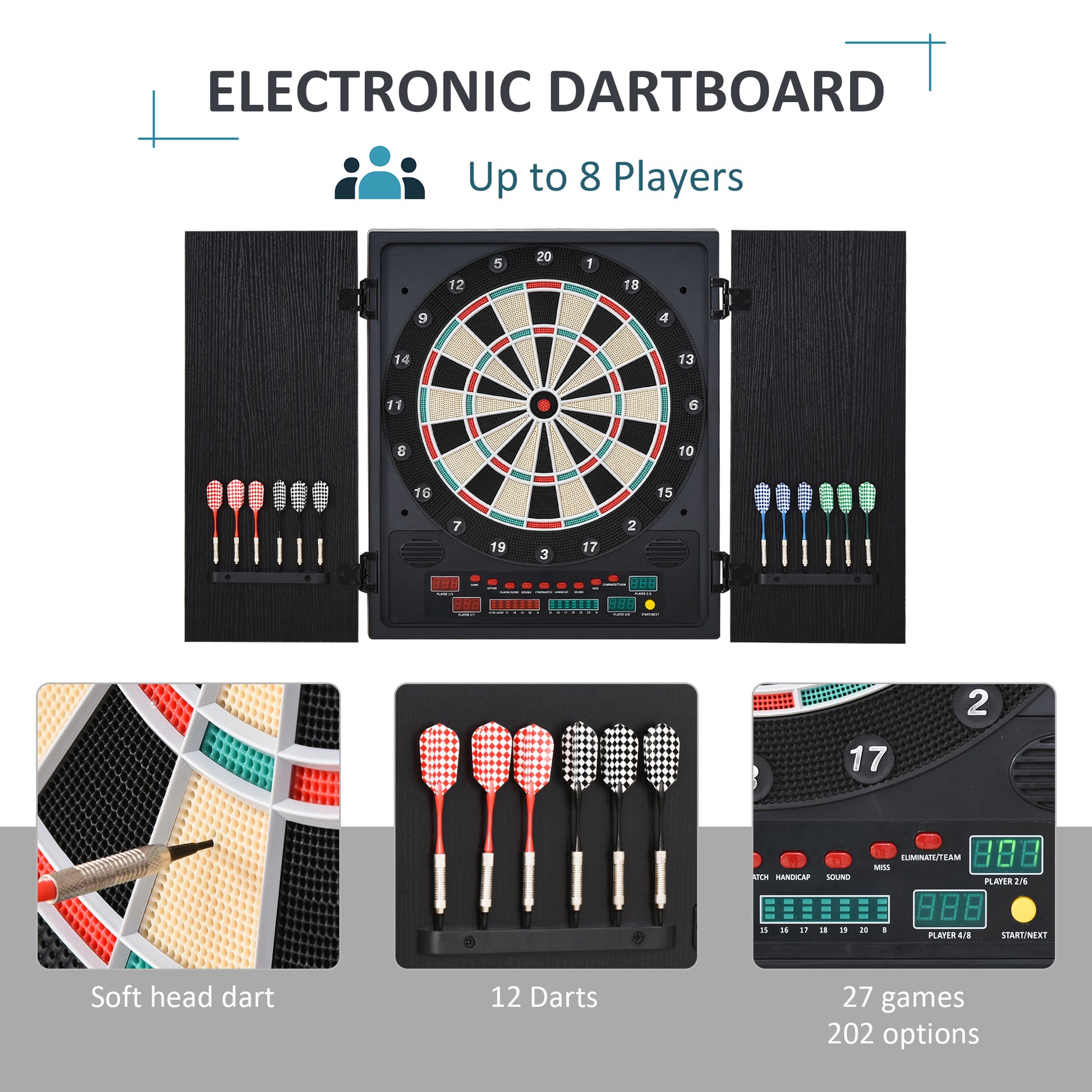 HOMCOM Electronic Dartboard In Case LED Scoreboard w/ 12 Darts 30 Heads Side Storage Cabinet Classic Game Family Fun Game Black White