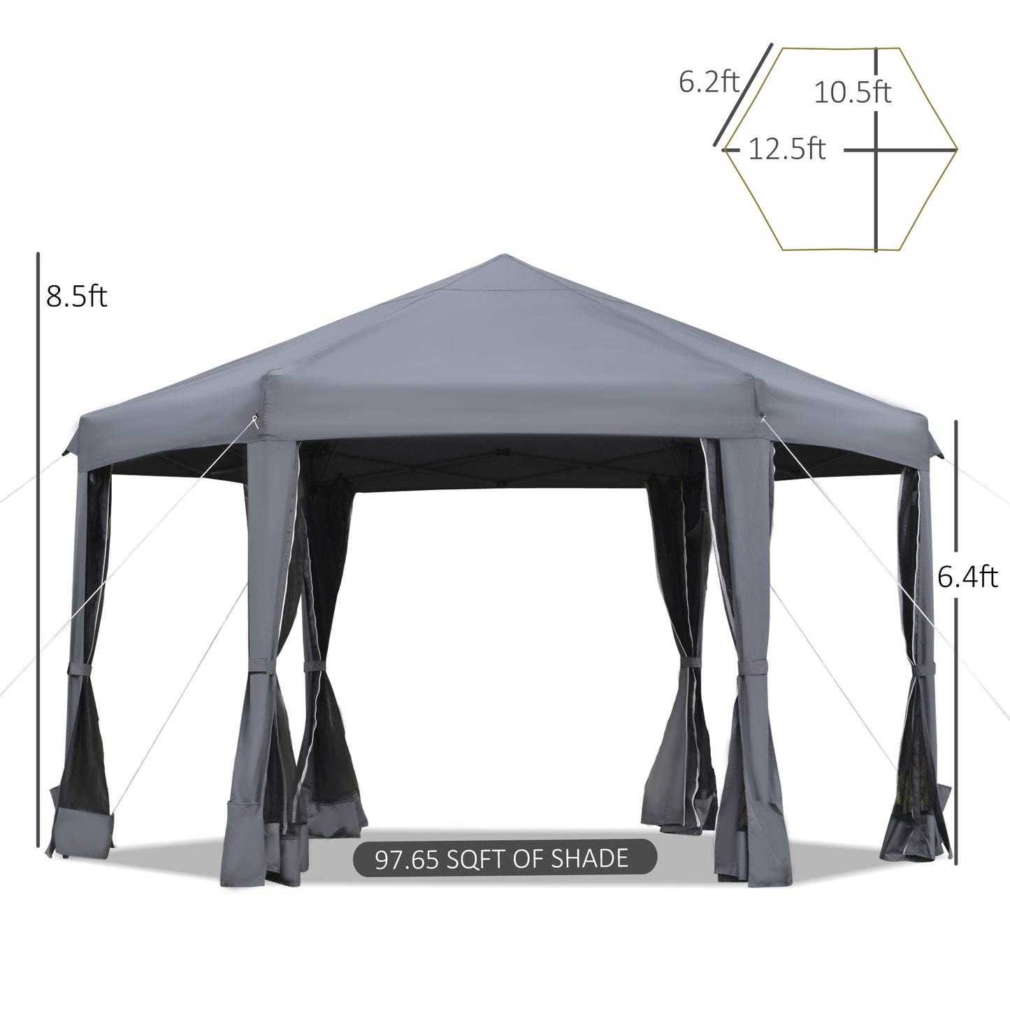 Outsunny 3.2m Canopy Rentals Pop Up Gazebo Hexagonal Canopy Tent Outdoor Sun Protection w/ Mesh Sidewalls, Handy Bag, Grey