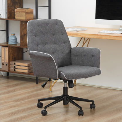 HOMCOM Linen Office Swivel Chair Mid Back Computer Desk Chair with Adjustable Seat, Arm - Grey