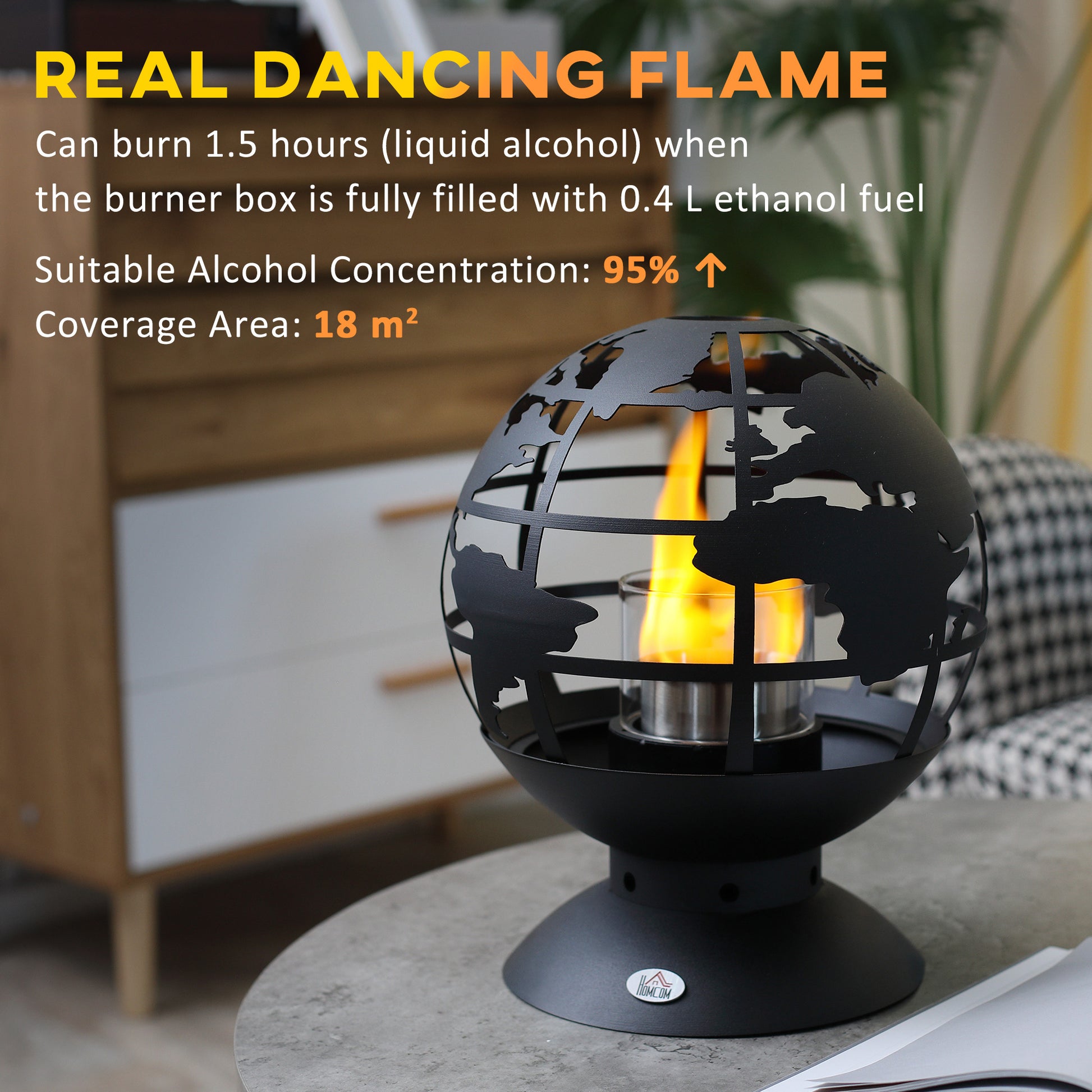 HOMCOM Globe Shape Tabletop Fireplace, Portable Metal Bioethanol Fireplace with Lid and 0.4L Tank, 1.5 Hour Burning Time for Liquid Alcohol, Black