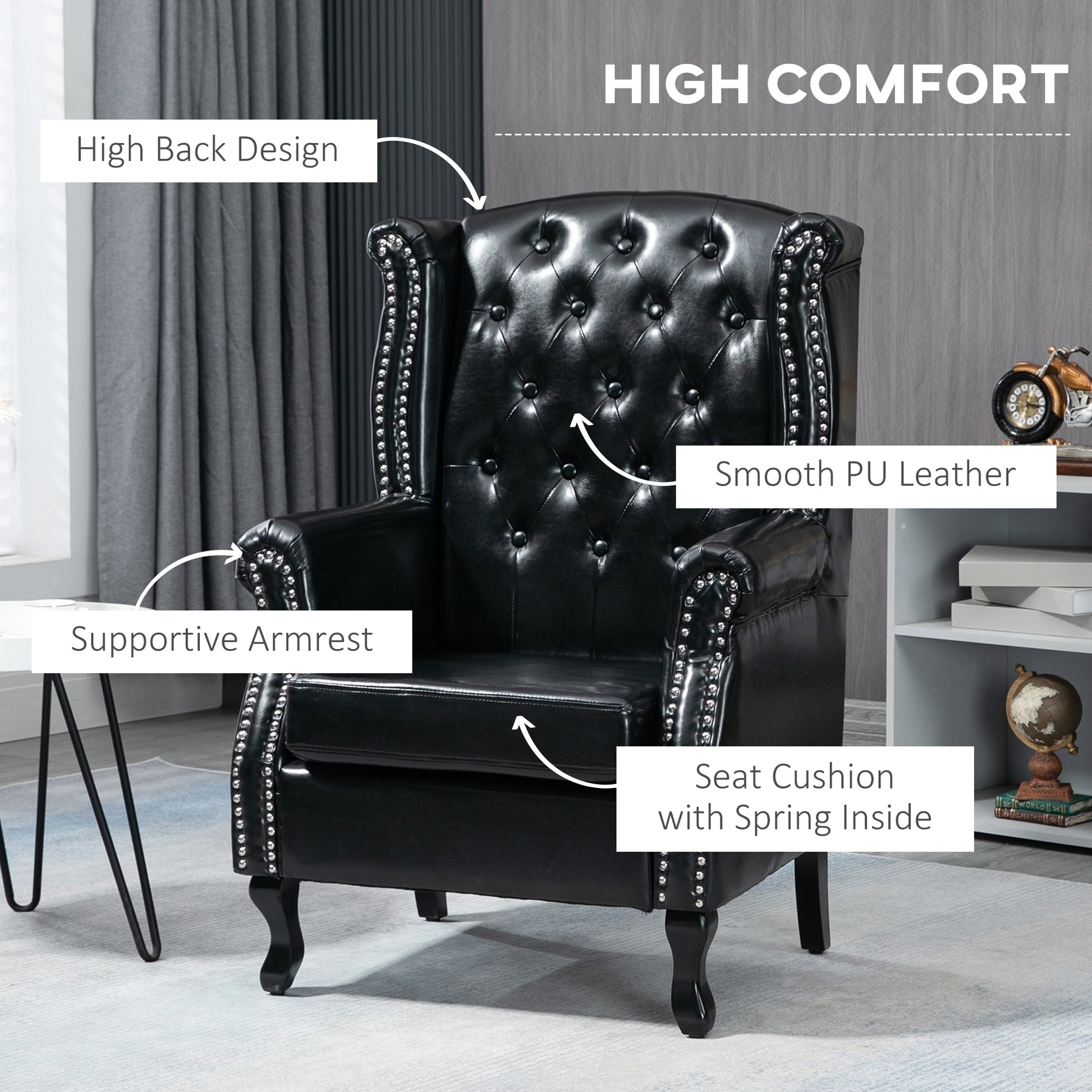 HOMCOM Wingback Accent Chair Tufted Chesterfield-style Armchair with Nail Head Trim for Living Room Bedroom Black