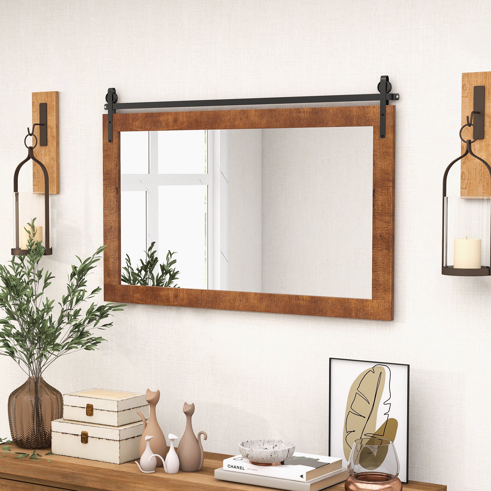 Farmhouse Bathroom Wall Mirro with Fir Wood Frame-Brown