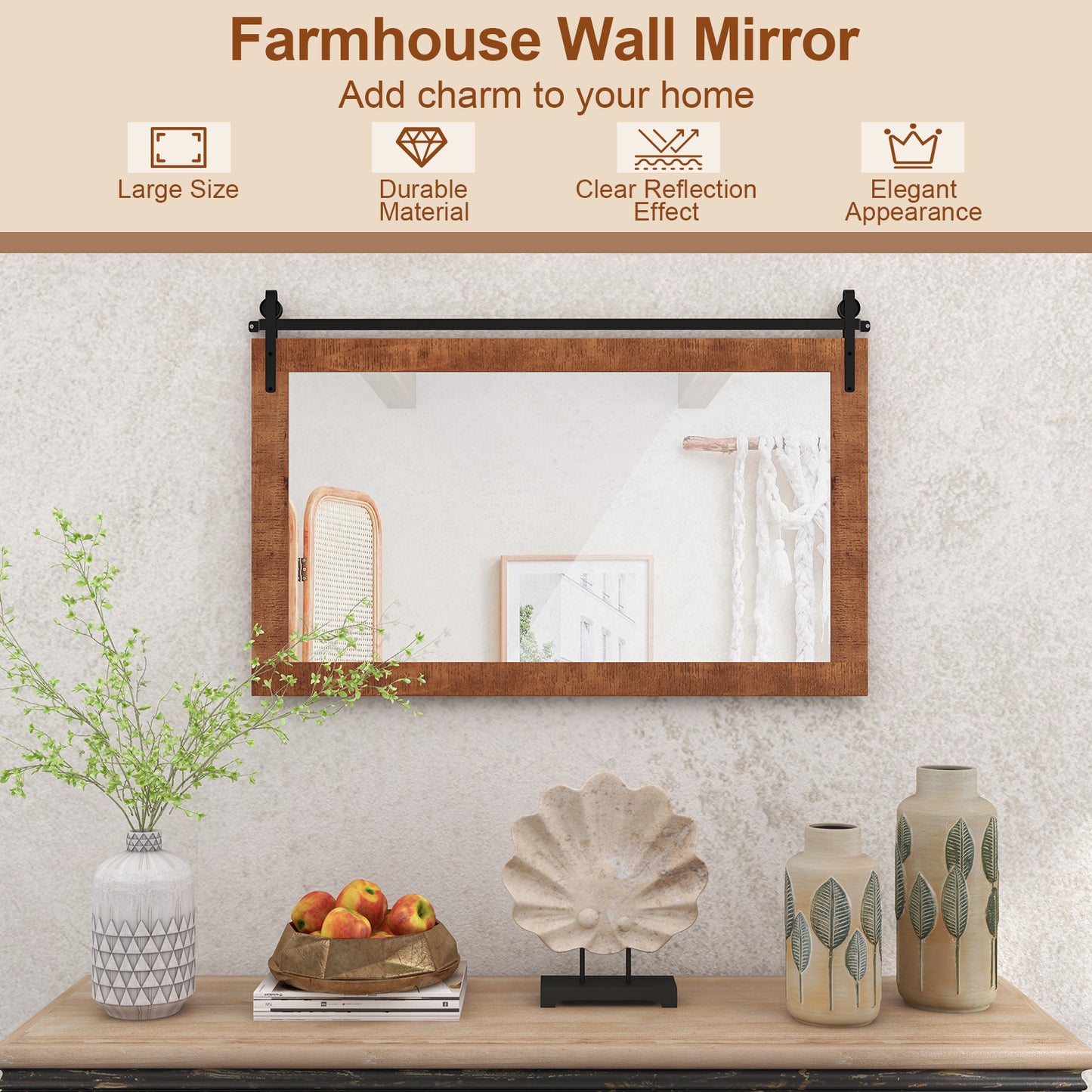 Farmhouse Bathroom Wall Mirro with Fir Wood Frame-Brown