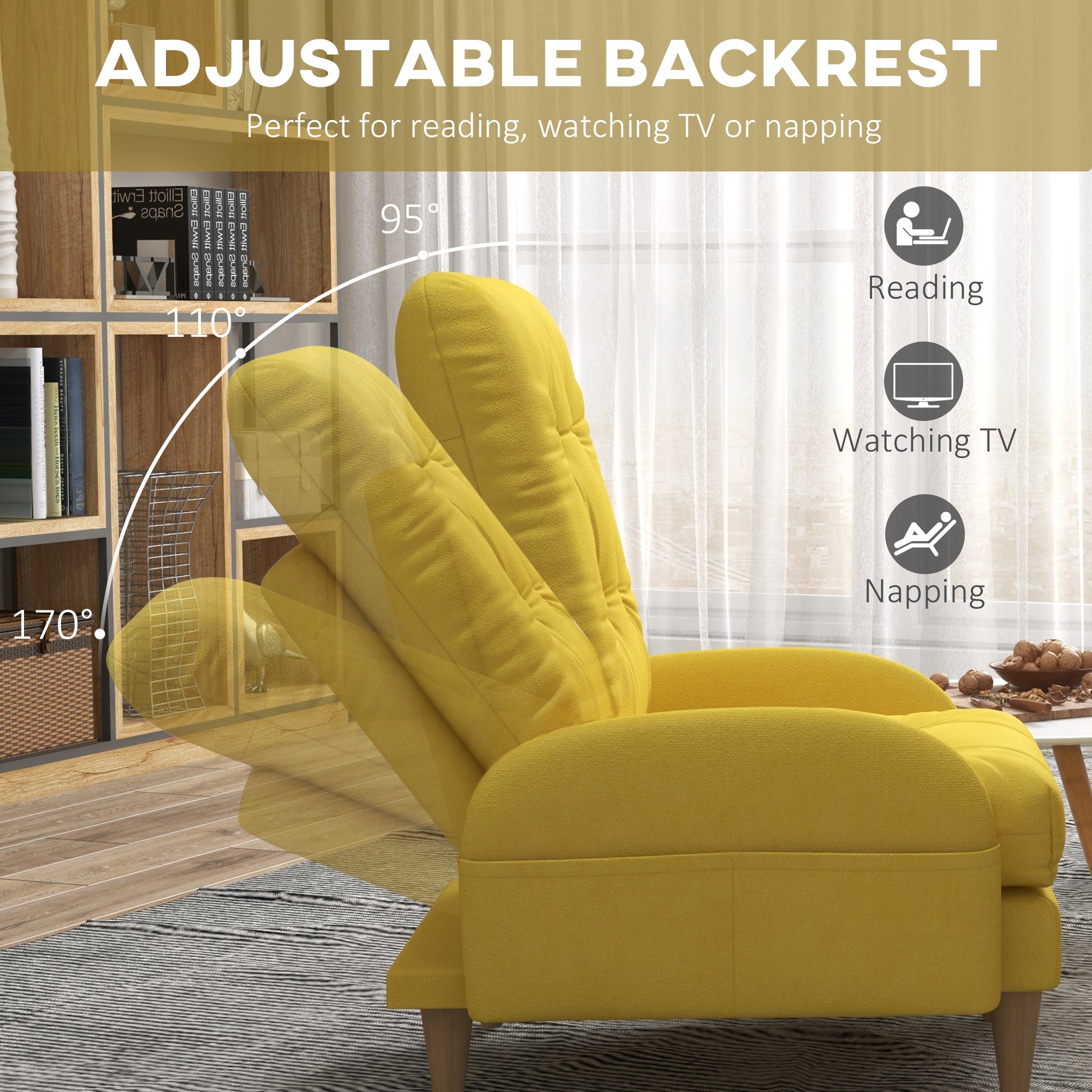 HOMCOM Upholstered Armchair with Footstool Set, Modern Button Tufted Accent Chair w/ Adjustable Backrest, Cushions, Wood Legs and Side Pockets, Yellow