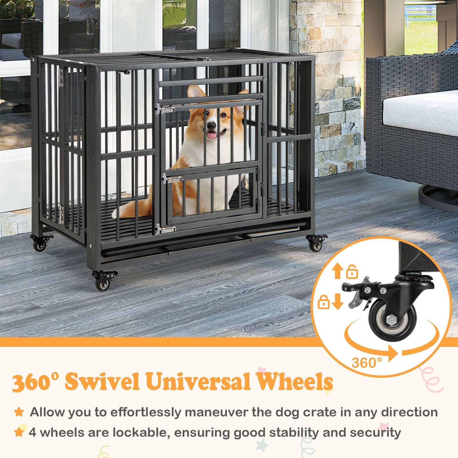 Foldable Metal Dog Cage Chew-proof Dog Crate with Lockable Universal Wheels