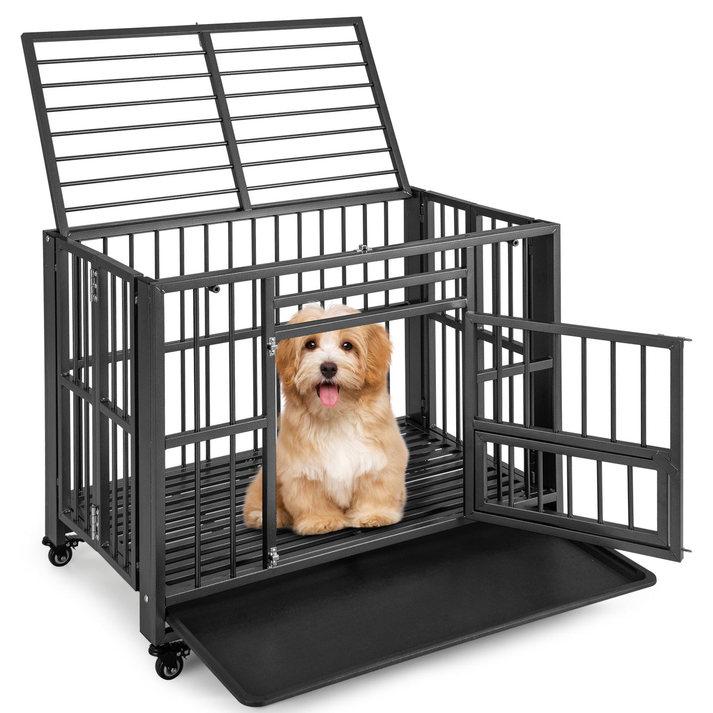 Foldable Metal Dog Cage Chew-proof Dog Crate with Lockable Universal Wheels