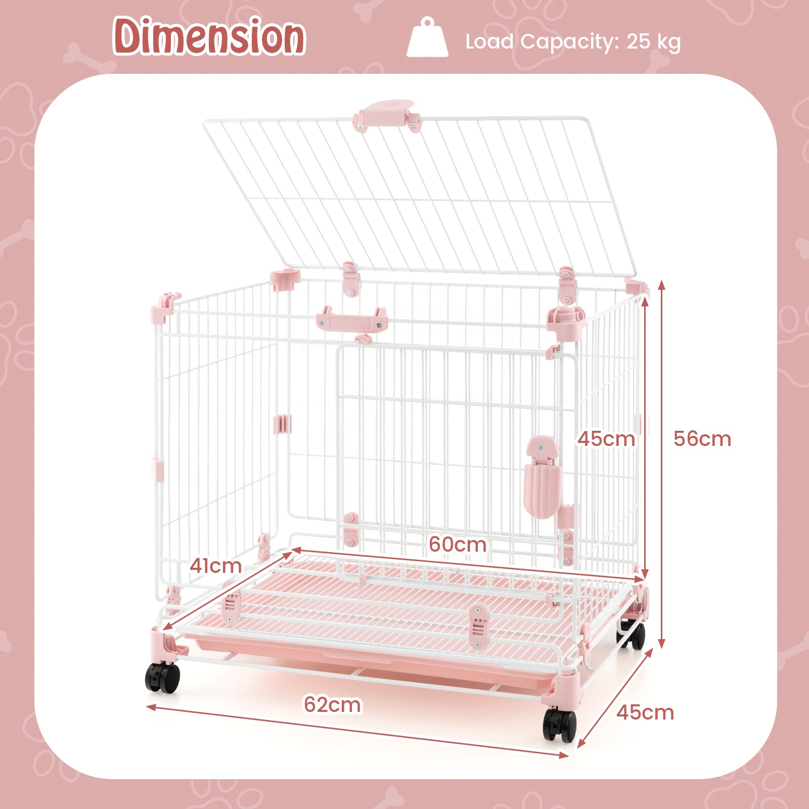 Folding Dog Kennel with Double Lockable Door and Wheels