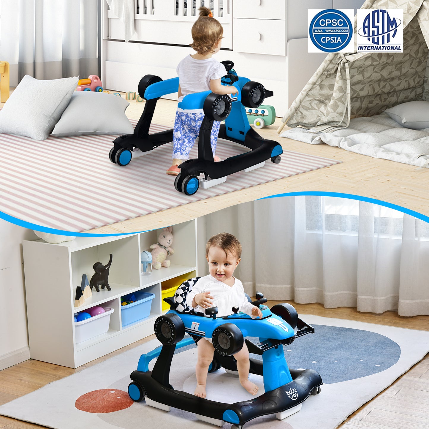 4-in-1 Baby Push Walker with Adjustable Height and Speed-Blue