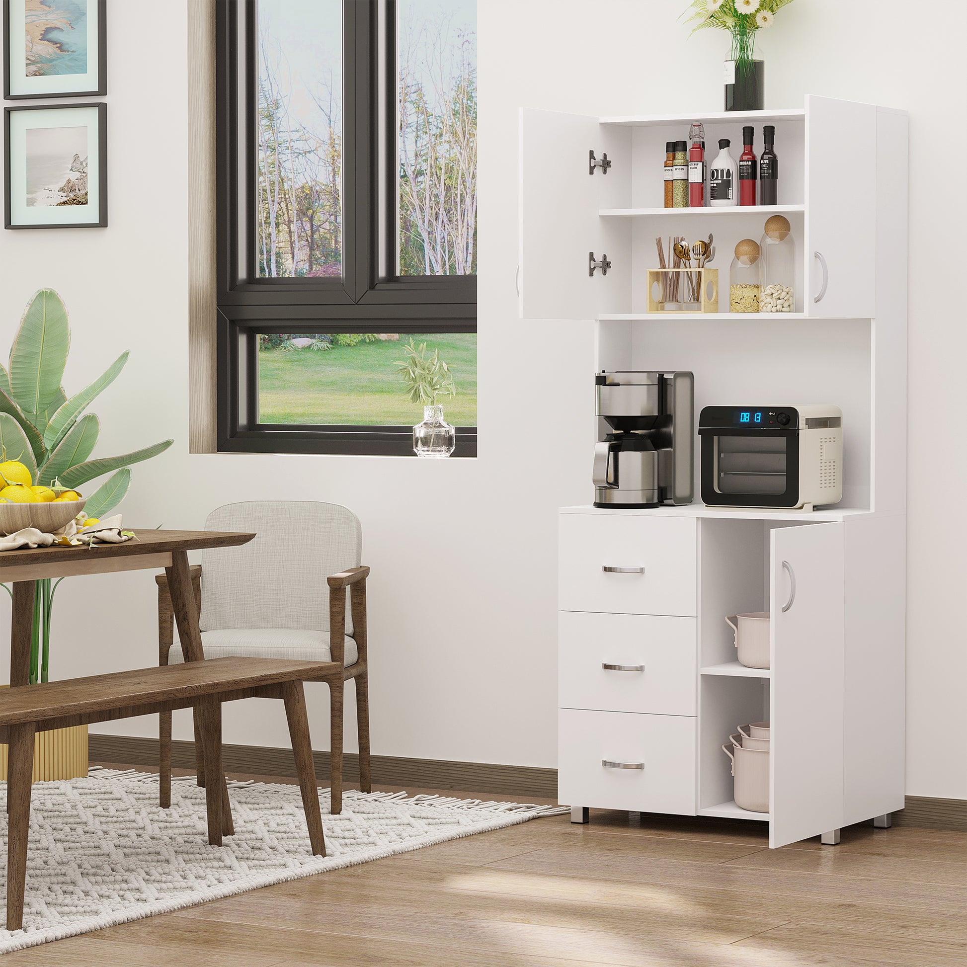 HOMCOM Free standing Kitchen Cabinet Cupboard with 2 cabinet, 3 drawers and 1 Open Space, Adjustable Height Storage Unit, White