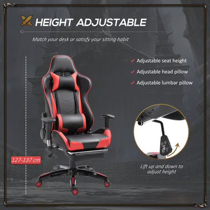 HOMCOM High-Back Gaming Chair Swivel Home Office Computer Racing Gamer Recliner Chair Faux Leather with Footrest, Wheels, Red Black