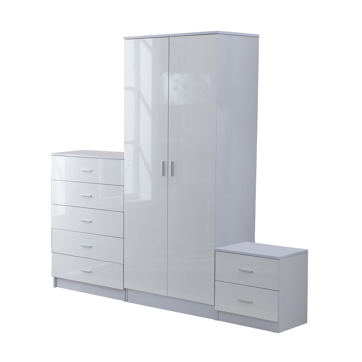 HOMCOM High Gloss 3 Piece Trio Bedroom Furniture Set Wardrobe + Chest Of Drawer + Bedside White