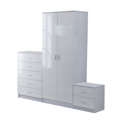 HOMCOM High Gloss 3 Piece Trio Bedroom Furniture Set Wardrobe + Chest Of Drawer + Bedside White