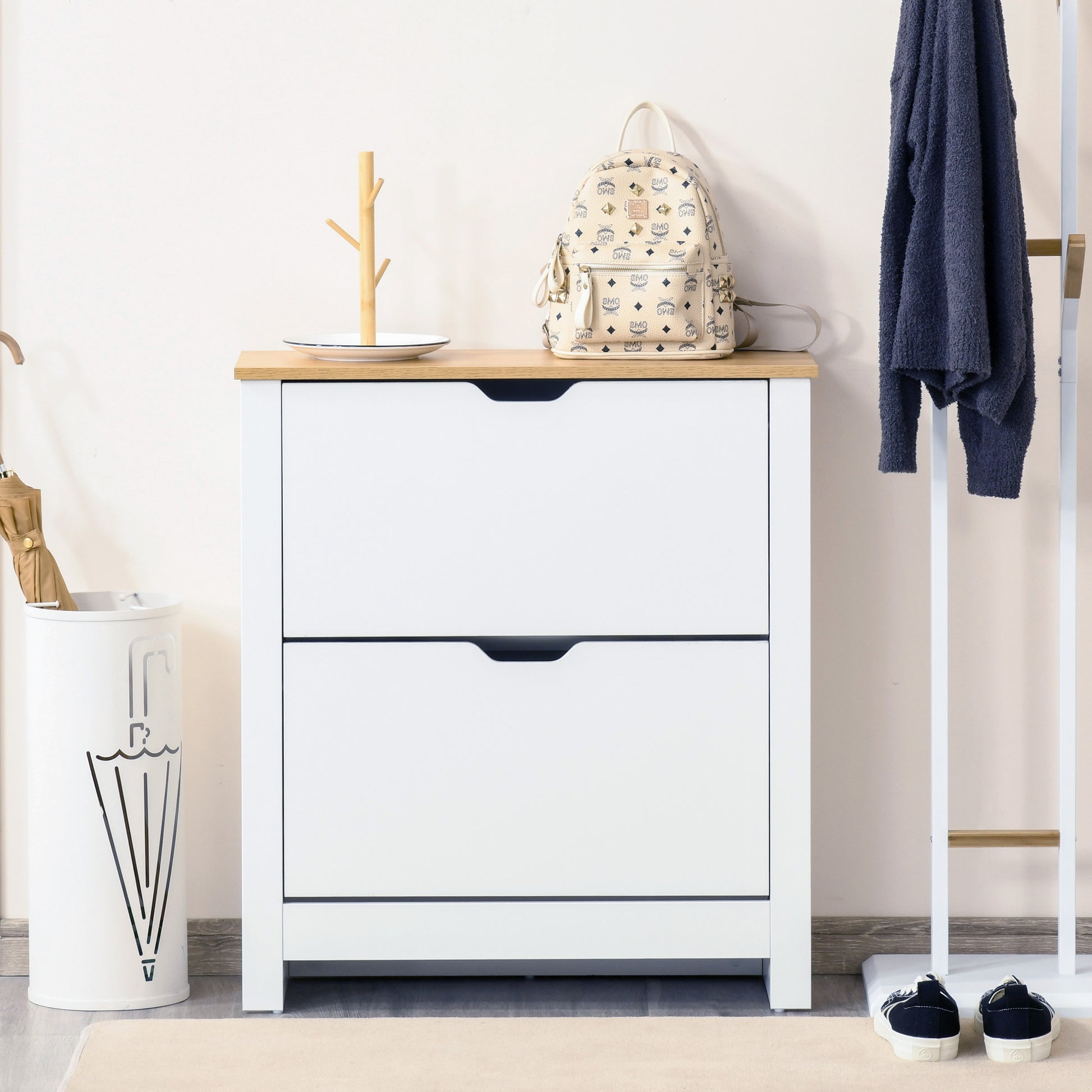 HOMCOM 12-Shoe Storage Cabinet 4 Shelves 2 Drawers 4 Protective Legs Modern Stylish Unit Hallway Bedroom Home Furniture White