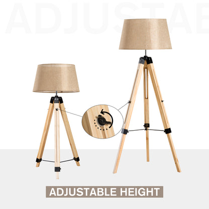 HOMCOM Tripod Floor Lamp Wooden Adjustable Modern Illumination Design E27 Bulb Compatible (Cream Shade) 99-143H