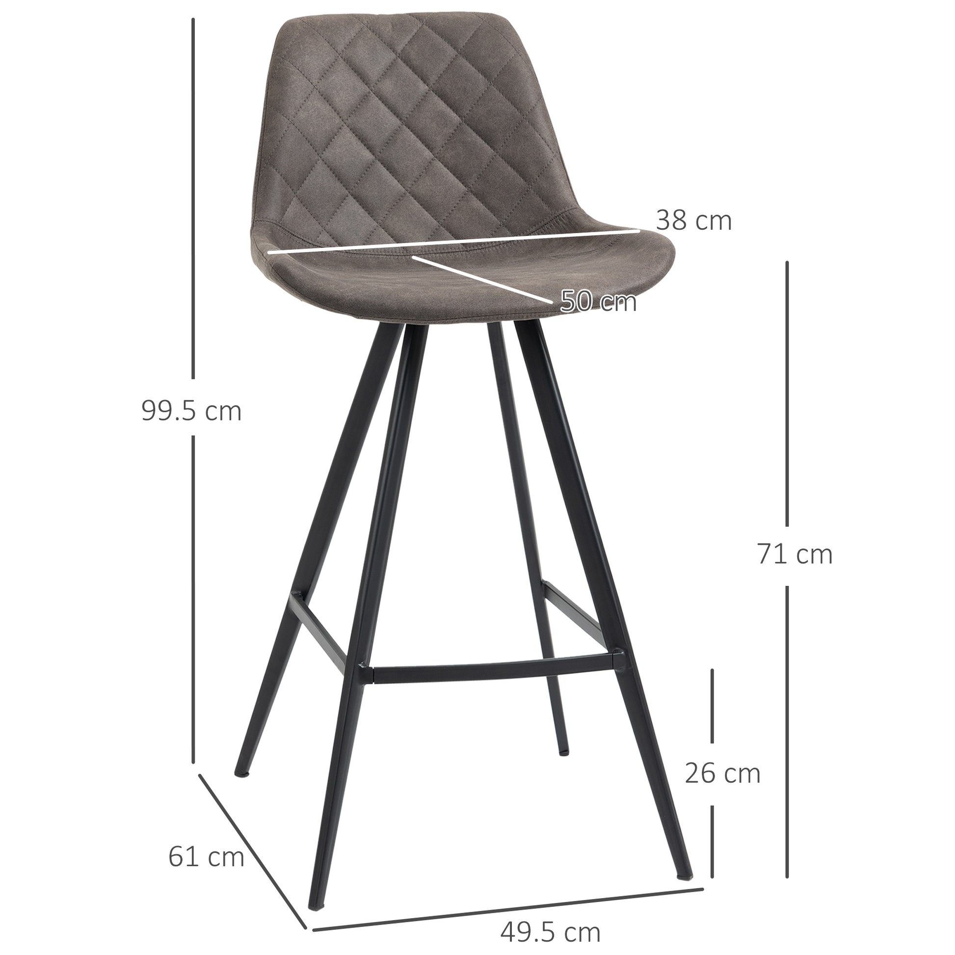 HOMCOM Set Of 2 Bar Stools Vintage Microfiber Cloth Tub Seats Padded Comfortable Steel Frame Footrest Quilted Home Kitchen Chair Stylish Dark Grey