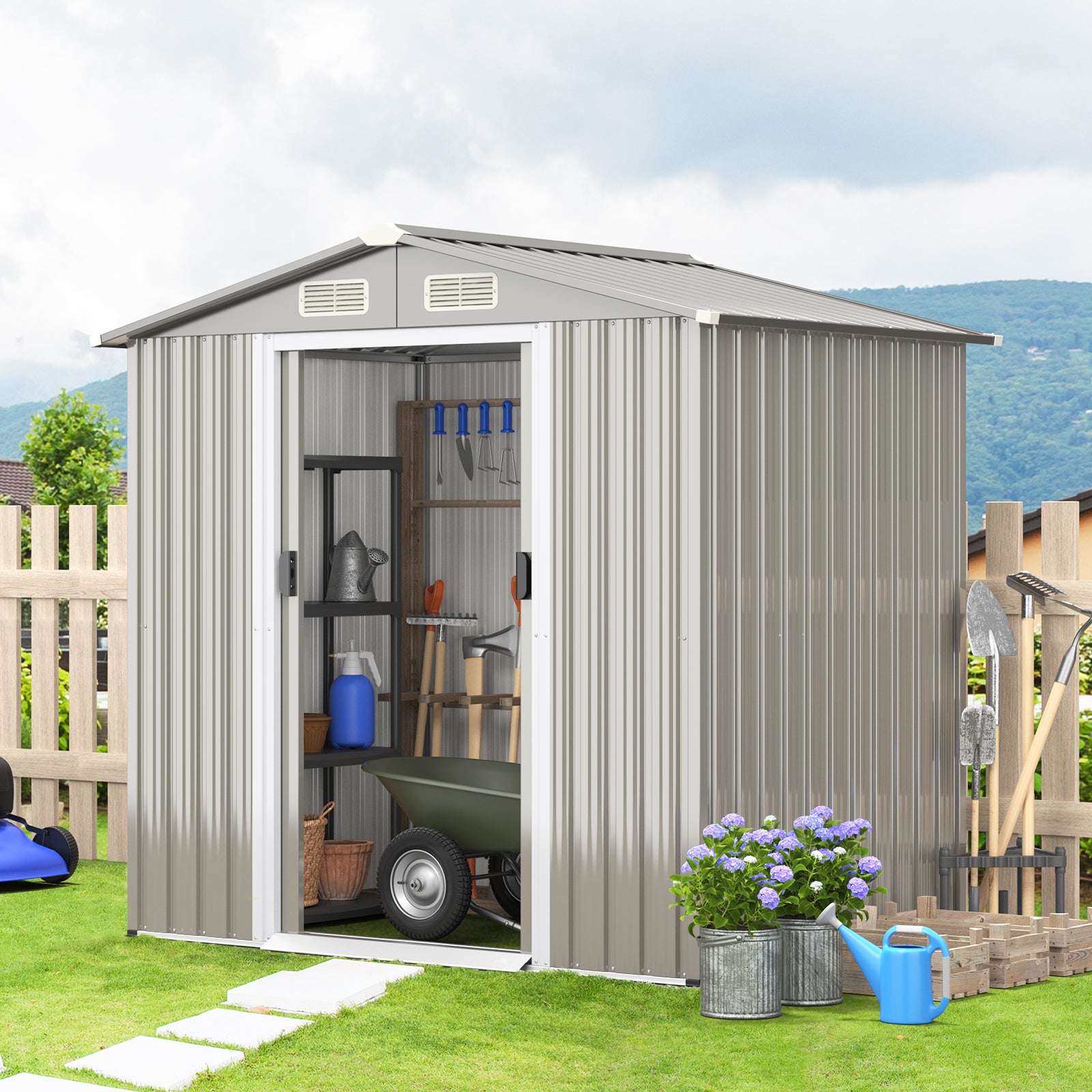 6 x 4 Feet Outdoor Metal Storage Shed with Ventilation Sliding Doors-Light Grey