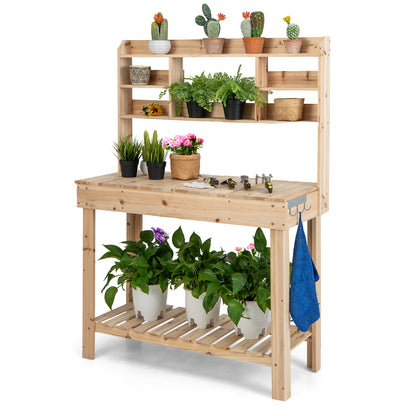 Wooden Potting Bench Table with Openable Tabletop and Hooks-Natural