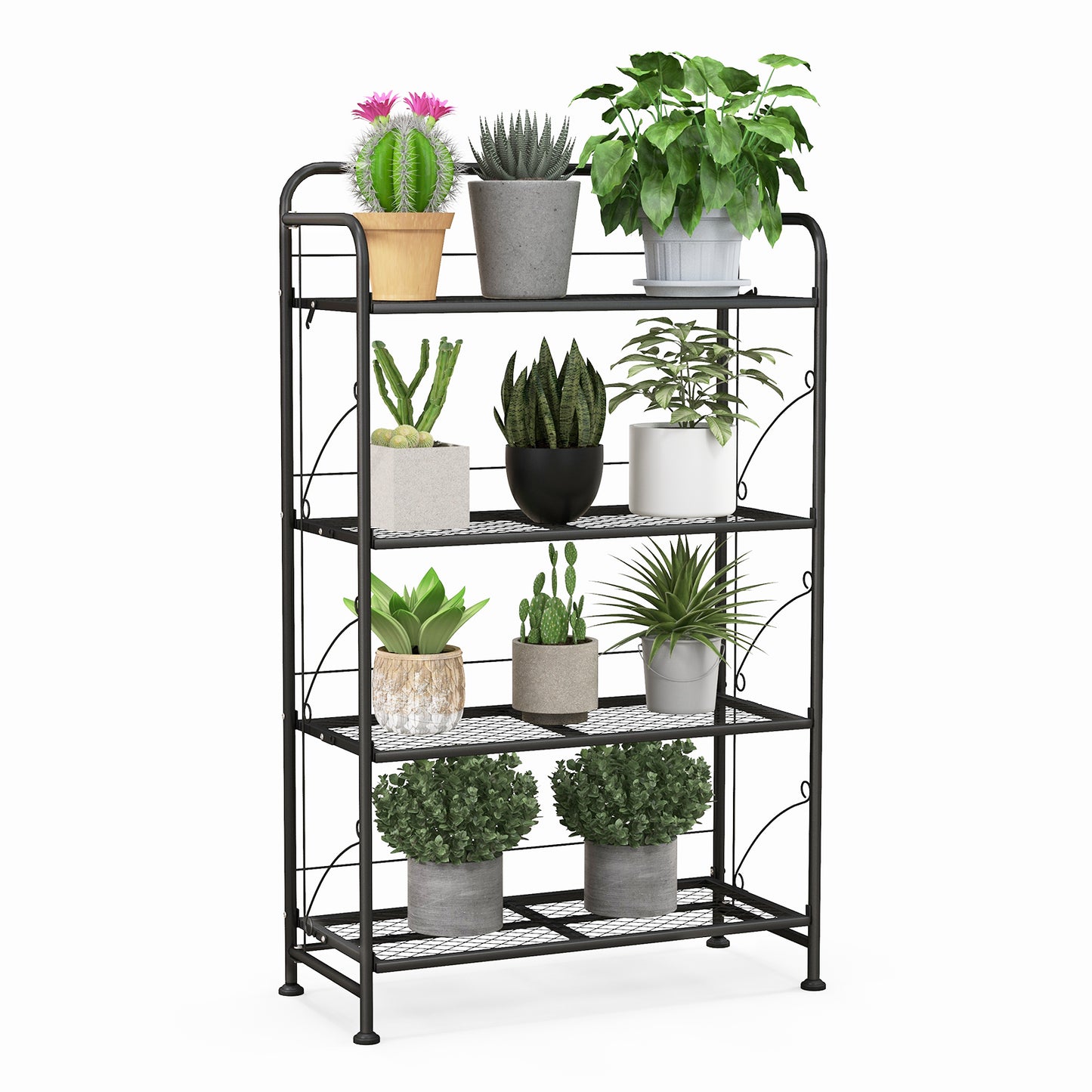 4-Tier Folding Plant Stand with Adjustable Shelf and Adjustable Feet-Black