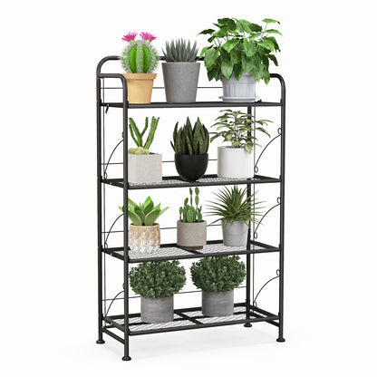 4-Tier Folding Plant Stand with Adjustable Shelf and Adjustable Feet-Black