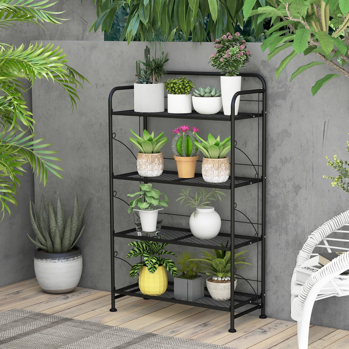 4-Tier Folding Plant Stand with Adjustable Shelf and Adjustable Feet-Black