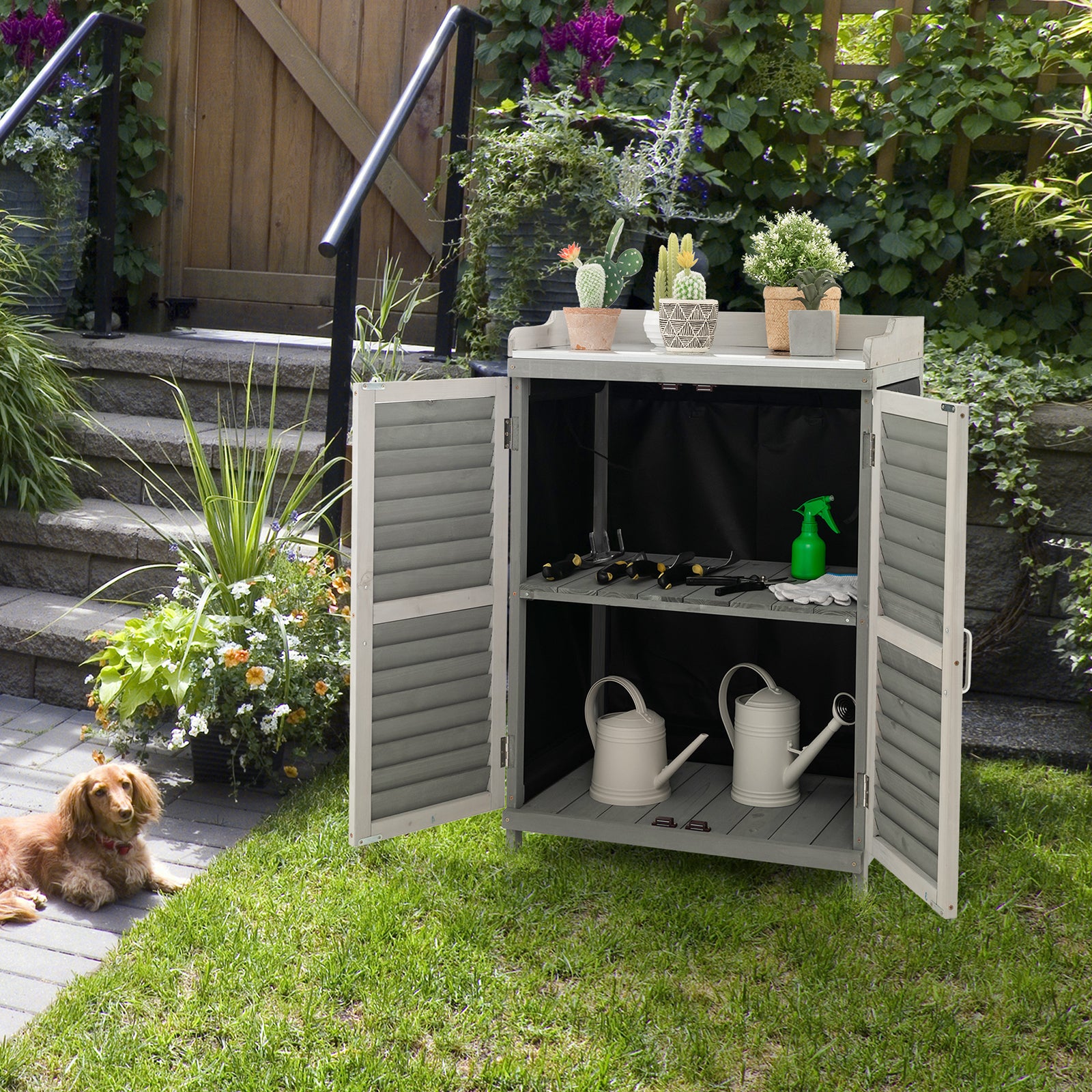 Wooden Garden Potting Bench Table with Metal Plated Tabletop-Grey