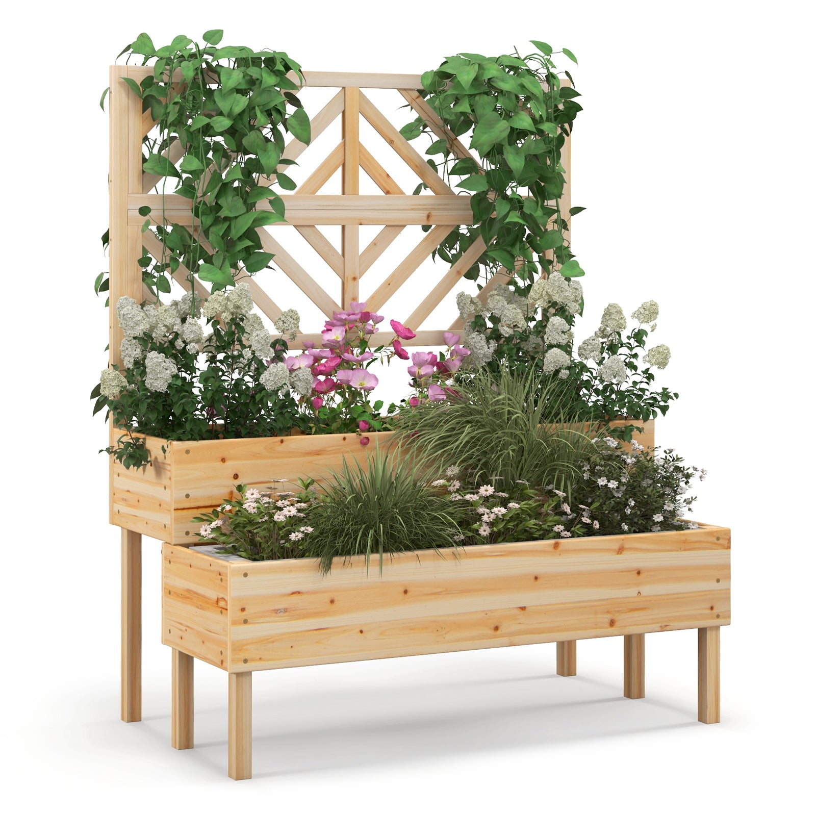 2-Tier Raised Garden Bed with Trellis and Drainage Hole-Natural