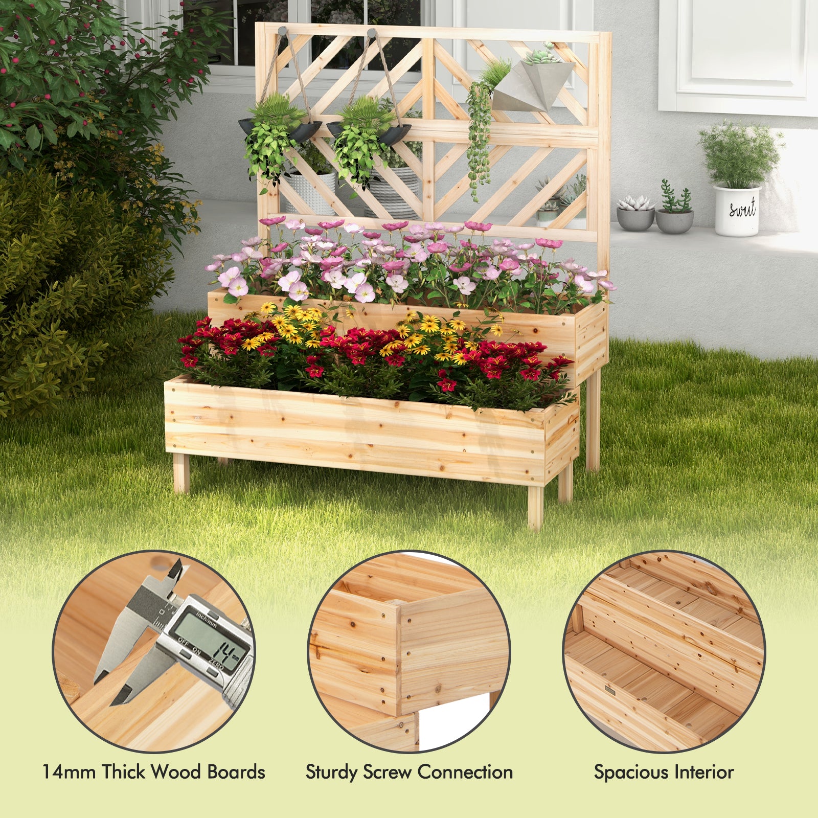 2-Tier Raised Garden Bed with Trellis and Drainage Hole-Natural