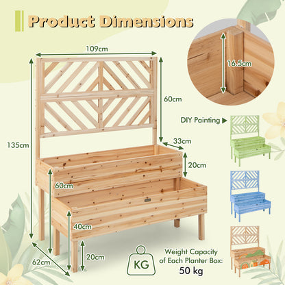 2-Tier Raised Garden Bed with Trellis and Drainage Hole-Natural