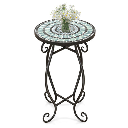 Small Plant Stand with Weather Resistant Ceramic Tile Tabletop-Black & Blue