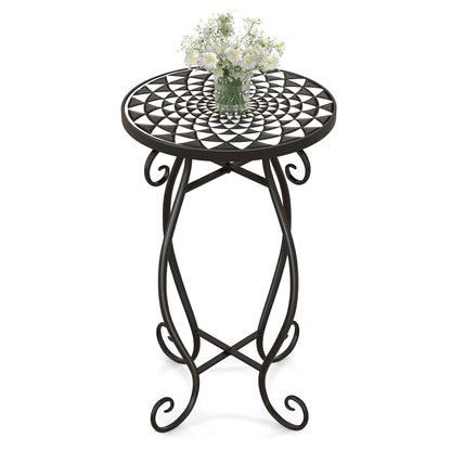 Small Plant Stand with Weather Resistant Ceramic Tile Tabletop-Black &amp; White