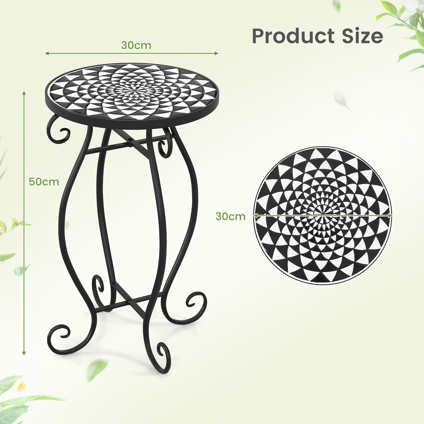 Small Plant Stand with Weather Resistant Ceramic Tile Tabletop-Black &amp; White