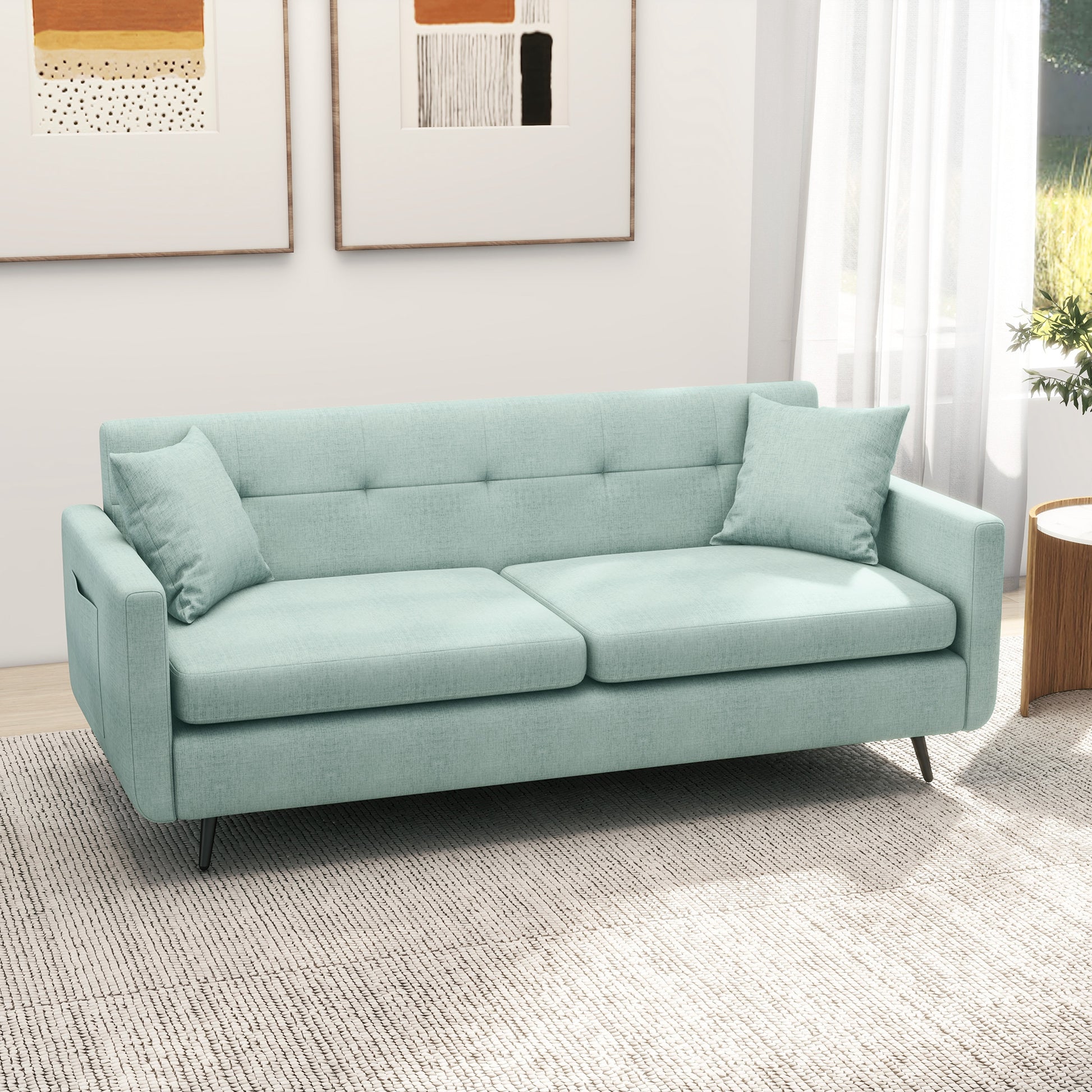 HOMCOM 165cm 2 Seater Sofa for Living Room, Modern Fabric Couch, Tufted Loveseat Sofa Settee w/ Steel Legs, 2 Storage Pockets, Blue