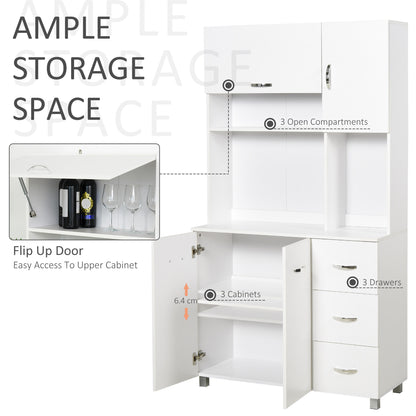 HOMCOM Freestanding Kitchen Storage Unit w/ Cupboard Cabinets Open Compartments Drawers Metal Handles Side Shelf Server Organisation Furniture White