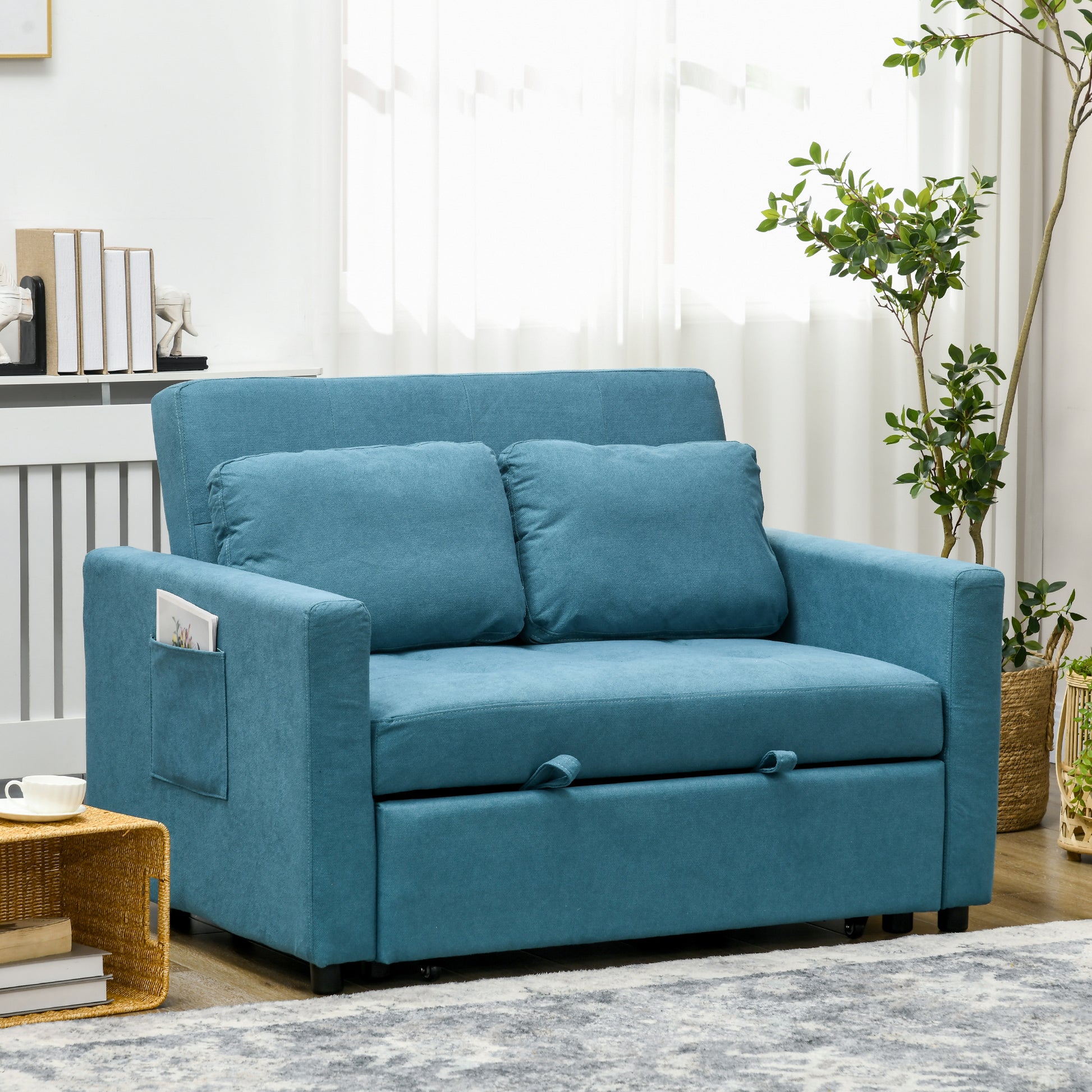 HOMCOM Loveseat Sofa Bed, Convertible Bed Settee with 2 Cushions, Side Pockets for Living Room, Blue