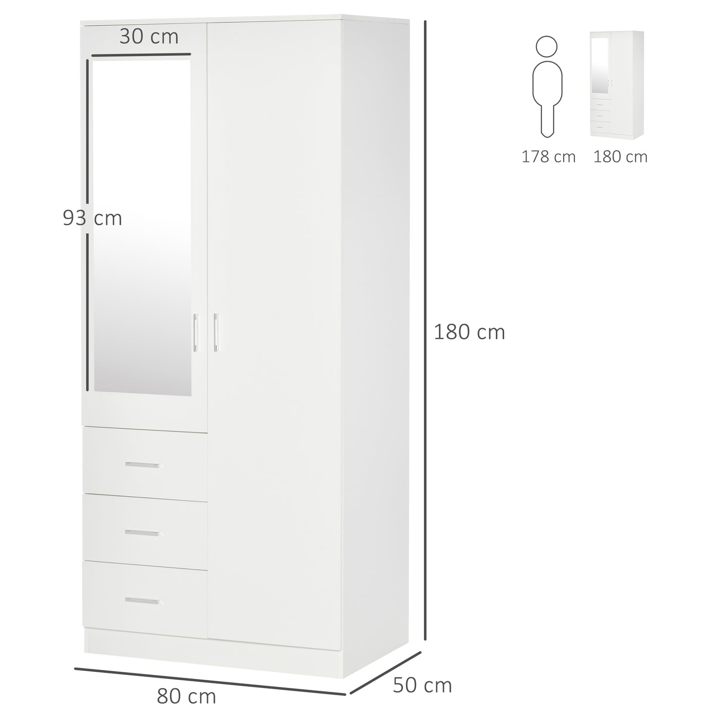 HOMCOM Modern Mirror Wardrobe 2 Door Storage Cupboards Home Storage Organisation Furniture with Adjustable Shelf, 3 Drawers, 80W x 50D x 180Hcm-Whit