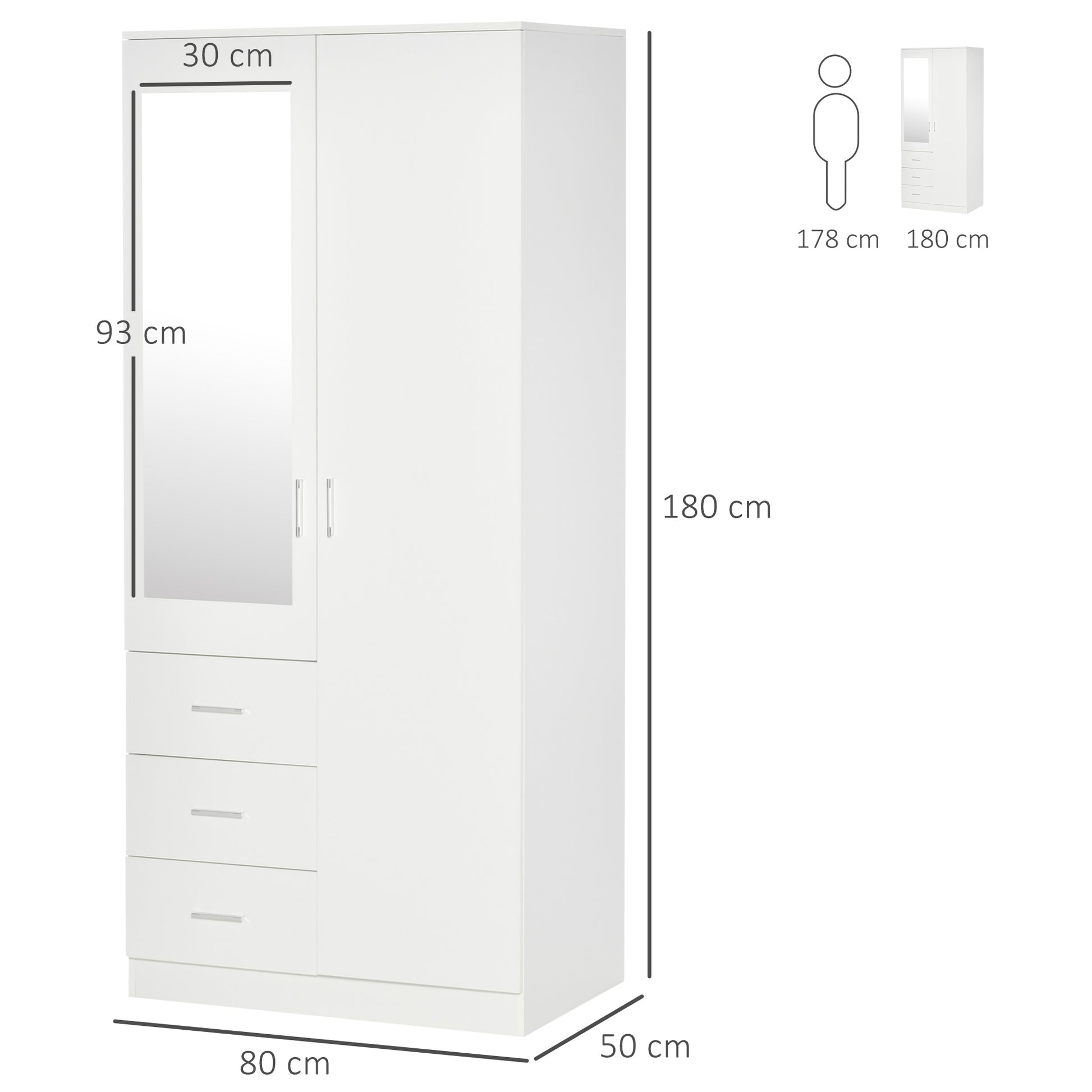 HOMCOM Modern Mirror Wardrobe 2 Door Storage Cupboards Home Storage Organisation Furniture with Adjustable Shelf, 3 Drawers, 80W x 50D x 180Hcm-Whit