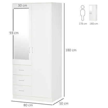 HOMCOM Modern Mirror Wardrobe 2 Door Storage Cupboards Home Storage Organisation Furniture with Adjustable Shelf, 3 Drawers, 80W x 50D x 180Hcm-Whit