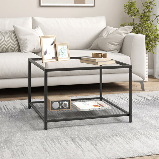 Modern 2-Tier Square Glass Coffee Table with Storage-Black